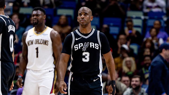 Feb 25, 2025; New Orleans, Louisiana, USA;  San Antonio Spurs guard Chris Paul (3) against New Orleans Pelicans during the second half at Smoothie King Center. Mandatory Credit: Stephen Lew-Imagn Images