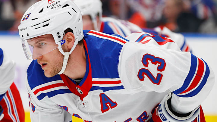 Nov 23, 2024; Edmonton, Alberta, CAN; New York Rangers defensemen Adam Fox (23) waits for the play to begin against the Edmonton Oilers at Rogers Place. Mandatory Credit: Perry Nelson-Imagn Images Nov 23, 2024; Edmonton, Alberta, CAN; New York Rangers defensemen Adam Fox (23) waits for the play to begin against the Edmonton Oilers at Rogers Place. Mandatory Credit: Perry Nelson-Imagn Images