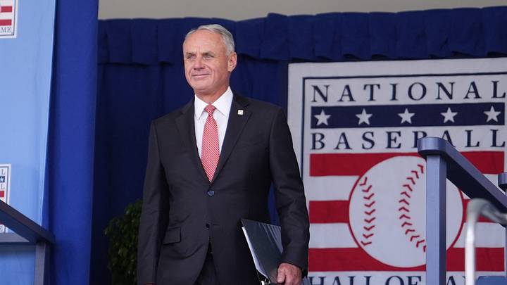 Jul 26, 2026; Cooperstown, NY, USA; Baseball Commissioner Rob Manfred is introduced during the National Baseball Hall of Fame Induction ceremony at Clark Sports Center. Mandatory Credit: Gregory Fisher-Imagn Images Jul 26, 2026; Cooperstown, NY, USA; Baseball Commissioner Rob Manfred is introduced during the National Baseball Hall of Fame Induction ceremony at Clark Sports Center. Mandatory Credit: Gregory Fisher-Imagn Images