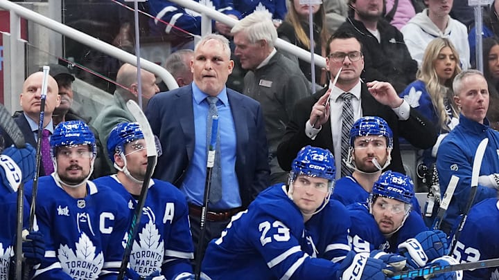 Jan 23, 2026; Toronto, Ontario, CAN; Toronto Maple Leafs head coach Craig Berube looks on during the game against the Vegas Golden Knights during the third period at Scotiabank Arena. Mandatory Credit: Nick Turchiaro-Imagn Images