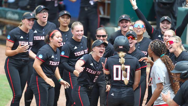 Texas Tech celebrates a Texas Tech infielder Jackie Lis (00) home run during game 3 of the super regional of the NCAA Division 1 softball championship at Katie Seashole Pressly Stadium in Gainesville, FL on Sunday, May 24, 2026. [Alan Youngblood/Gainesville Sun]