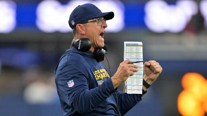 Nov 30, 2025; Inglewood, California, USA; Los Angeles Chargers head coach Jim Harbaugh reacts during the second half at SoFi Stadium. Mandatory Credit: Jayne Kamin-Oncea-Imagn Images