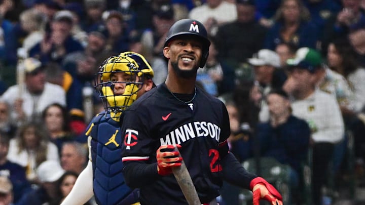 Apr 2, 2024; Milwaukee, Wisconsin, USA; Minnesota Twins center fielder Byron Buxton (25) reacts