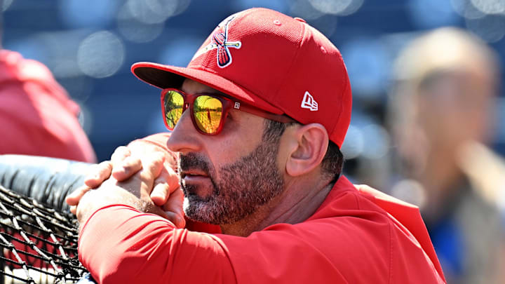 Feb 26, 2025; Tampa, Florida, USA; St. Louis Cardinals manager Oliver Marmol (37) watches his team warm up before the start of the spring training game against the New York Yankees at George M. Steinbrenner Field. Mandatory Credit: Jonathan Dyer-Imagn Images