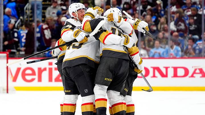 May 22, 2026; Denver, Colorado, USA; The Vegas Golden Knights celebrate a goal during the third period against the Colorado Avalanche in game two of the Western Conference Final of the 2026 Stanley Cup Playoffs at Ball Arena. Mandatory Credit: Ron Chenoy-Imagn Images
