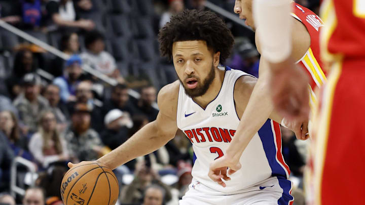 Feb 3, 2025; Detroit, Michigan, USA;  Detroit Pistons guard Cade Cunningham (2) dribbles in the first half against the Atlanta Hawks at Little Caesars Arena. Mandatory Credit: Rick Osentoski-Imagn Images