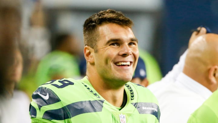 Oct 7, 2021; Seattle, Washington, USA; Seattle Seahawks linebacker Jon Rhattigan (59) stands on the sideline during the third quarter against the Los Angeles Rams at Lumen Field. Mandatory Credit: Joe Nicholson-USA TODAY Sports