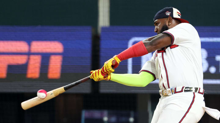 Marcell Ozuna of the Atlanta Braves hit the longest home run of the Home Run Derby on Monday night. Marcell Ozuna of the Atlanta Braves hit the longest home run of the Home Run Derby on Monday night.