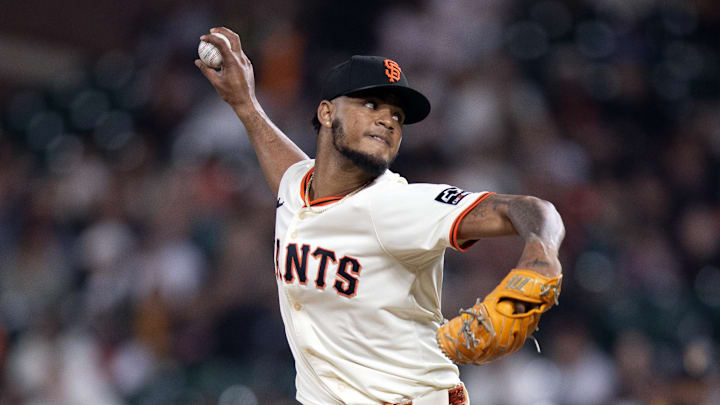 Jul 28, 2025; San Francisco, California, USA; San Francisco Giants pitcher Camilo Doval (75) delivers a pitch against the Pittsburgh Pirates during the ninth inning at Oracle Park. Mandatory Credit: D. Ross Cameron-Imagn Images