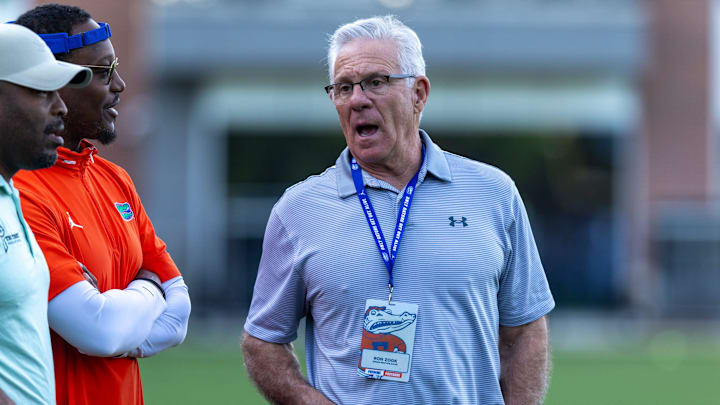 Former Florida head coach Ron Zook keeps an eye on drills during spring practice at Sanders Practice Fields in Gainesville, FL on Tuesday, March 31, 2026. [Alan Youngblood/Gainesville Sun]