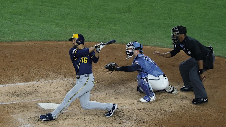 Aug 1, 2025; Washington, District of Columbia, USA; Milwaukee Brewers outfielder Blake Perkins (16) hits a two run home run against the Washington Nationals during the fifth inning at Nationals Park. Mandatory Credit: Geoff Burke-Imagn Images Aug 1, 2025; Washington, District of Columbia, USA; Milwaukee Brewers outfielder Blake Perkins (16) hits a two run home run against the Washington Nationals during the fifth inning at Nationals Park. Mandatory Credit: Geoff Burke-Imagn Images