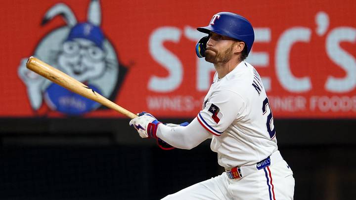 Apr 25, 2026; Arlington, Texas, USA; Texas Rangers right fielder Brandon Nimmo (24) hits an rbi sacrifice fly during the third inning against the Athletics at Globe Life Field. Mandatory Credit: Kevin Jairaj-Imagn Images Apr 25, 2026; Arlington, Texas, USA; Texas Rangers right fielder Brandon Nimmo (24) hits an rbi sacrifice fly during the third inning against the Athletics at Globe Life Field. Mandatory Credit: Kevin Jairaj-Imagn Images
