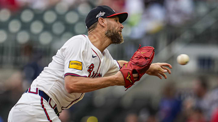 Jun 18, 2025; Cumberland, Georgia, USA; Atlanta Braves starting pitcher Chris Sale (51) pitches against the New York Mets during the first inning at Truist Park. Mandatory Credit: Dale Zanine-Imagn Images
