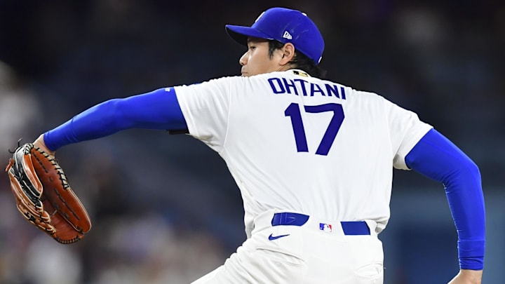 May 13, 2026; Los Angeles, California, USA; Los Angeles Dodgers two-way player Shohei Ohtani (17) delivers in the fifth inning against the San Francisco Giants at Dodger Stadium. Mandatory Credit: Gary A. Vasquez-Imagn Images