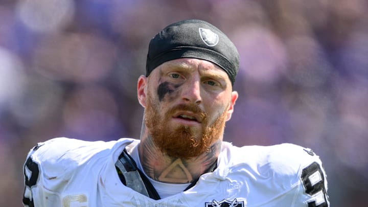 Sep 15, 2024; Baltimore, Maryland, USA; Las Vegas Raiders defensive end Maxx Crosby (98) looks on during a timeout during the first half against the Baltimore Ravens at M&T Bank Stadium. Mandatory Credit: Reggie Hildred-Imagn Images