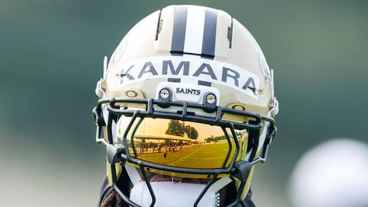 Jul 30, 2025; New Orleans, LA, USA;  New Orleans Saints running back Alvin Kamara (41) looks on during training camp at Ochsner Sports Performance Center.