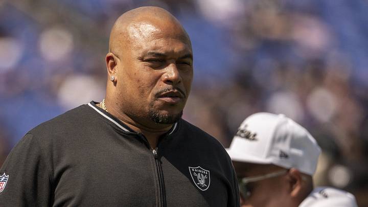Sep 15, 2024; Baltimore, Maryland, USA;  Las Vegas Raiders head coach Antonio Pierce  walks the field before the game against the Baltimore Ravens  at M&T Bank Stadium. Mandatory Credit: Tommy Gilligan-Imagn Images