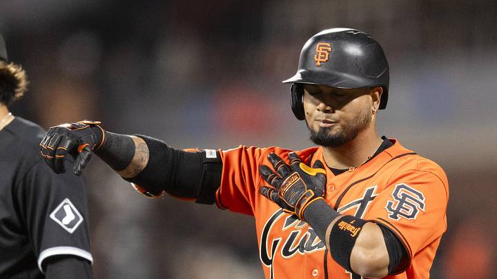 May 22, 2026; San Francisco, California, USA; San Francisco Giants second baseman Luis Arraez (1) gestures after hitting a single against the Chicago White Sox during the seventh inning at Oracle Park. Mandatory Credit: John Hefti-Imagn Images