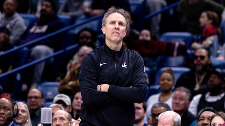 Jan 3, 2025; New Orleans, Louisiana, USA;  Washington Wizards head coach Brian Keefe during the first half against the New Orleans Pelicans at Smoothie King Center. Mandatory Credit: Stephen Lew-Imagn Images