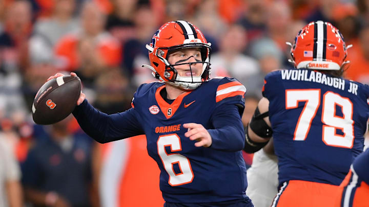 Nov 30, 2024; Syracuse, New York, USA; Syracuse Orange quarterback Kyle McCord (6) passes the ball against the Miami Hurricanes during the first half at the JMA Wireless Dome. Mandatory Credit: Rich Barnes-Imagn Images