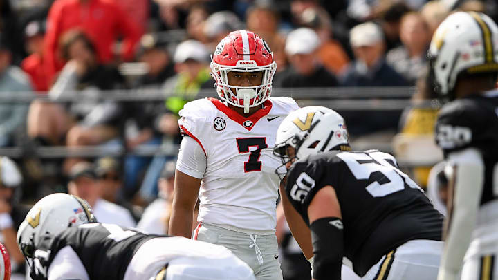 Oct 14, 2023; Nashville, Tennessee, USA;  Georgia Bulldogs linebacker Marvin Jones Jr. (7) stares