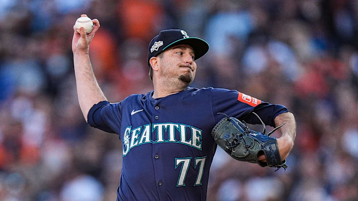 Seattle Mariners pitcher Luke Jackson (77) throws against Detroit Tigers during the eighth inning of ALDS Game 4 at Comerica Park in Detroit on Wednesday, Oct. 8, 2025.