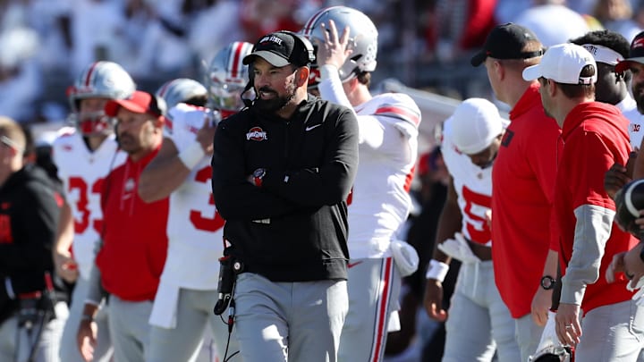 Nov 2, 2024; University Park, Pennsylvania, USA; Ohio State Buckeyes head coach Ryan Day looks on from the sideline during the third quarter against the Penn State Nittany Lions at Beaver Stadium. Mandatory Credit: Matthew O'Haren-Imagn Images
