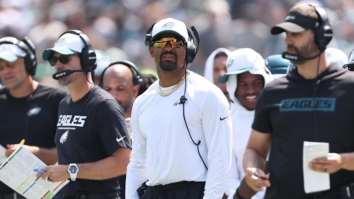 Aug 16, 2025; Philadelphia, Pennsylvania, USA; Philadelphia Eagles quarterback Jalen Hurts looks on during the second quarter against the Cleveland Browns at Lincoln Financial Field. Mandatory Credit: Bill Streicher-Imagn Images