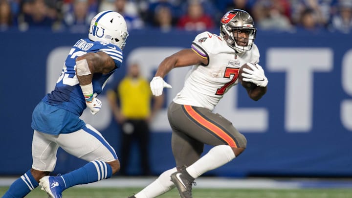 Nov 28, 2021; Indianapolis, Indiana, USA; Tampa Bay Buccaneers running back Leonard Fournette (7)