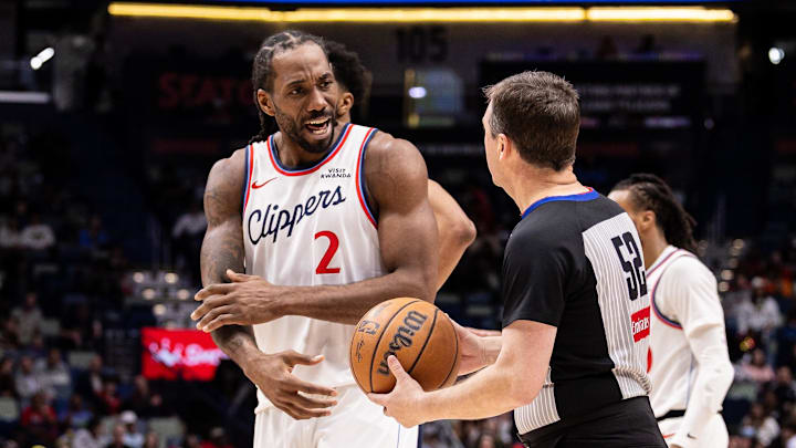 LA Clippers forward Kawhi Leonard reacts to a call. 