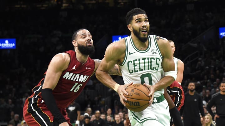 Apr 21, 2024; Boston, Massachusetts, USA; Boston Celtics forward Jayson Tatum (0) drives to the