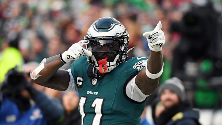 \Philadelphia Eagles wide receiver A.J. Brown (11) reacts after a play against the Washington Commanders during the first half in the NFC Championship game at Lincoln Financial Field. 
