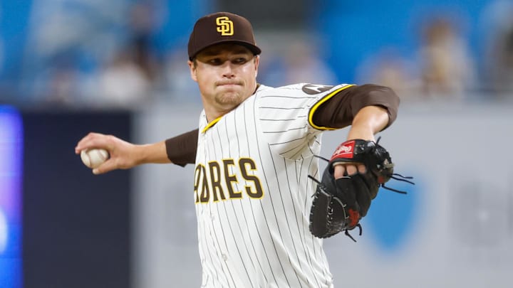 Aug 9, 2025; San Diego, California, USA; San Diego Padres relief pitcher Mason Miller (22) throws a pitch during the eighth inning against the Boston Red Sox at Petco Park. Mandatory Credit: David Frerker-Imagn Images