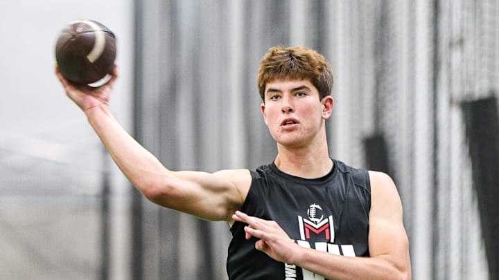 Hingham's Peter Bourque, of Tabor Academy, throws the ball at the M2 QB Academy's seventh annual Showdown Camp at Bryant University in Smithfield, Rhode Island on Saturday, June 7, 2025.