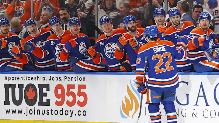 Mar 28, 2026; Edmonton, Alberta, CAN; The Edmonton Oilers celebrate a goal scored by forward Matt Savoie (22) during the third period against the Anaheim Ducks at Rogers Place. Mandatory Credit: Perry Nelson-Imagn Images Mar 28, 2026; Edmonton, Alberta, CAN; The Edmonton Oilers celebrate a goal scored by forward Matt Savoie (22) during the third period against the Anaheim Ducks at Rogers Place. Mandatory Credit: Perry Nelson-Imagn Images