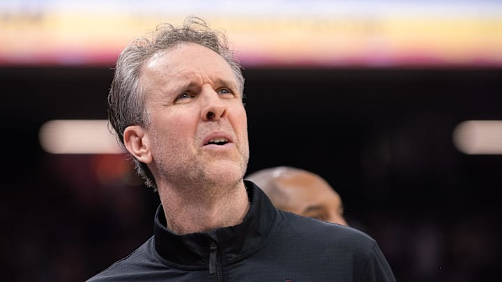 Jan 19, 2025; Sacramento, California, USA; Washington Wizards head coach Brian Keefe looks on during the third quarter of the game against the Sacramento Kings at Golden 1 Center. Mandatory Credit: Ed Szczepanski-Imagn Images
