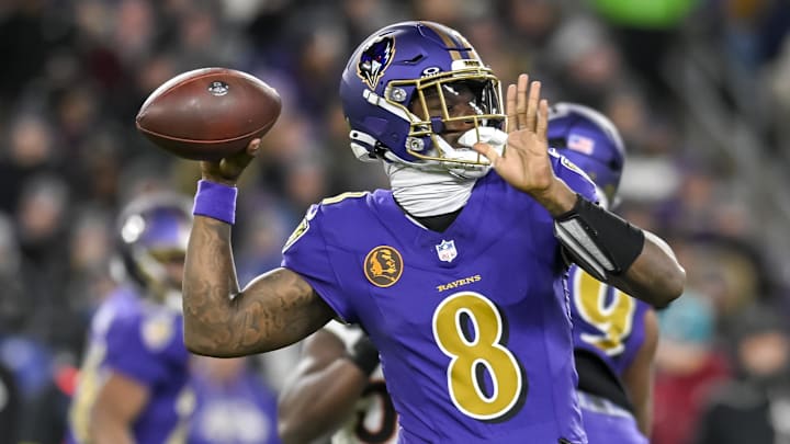 Nov 27, 2025; Baltimore, Maryland, USA;  Baltimore Ravens quarterback Lamar Jackson (8) looks to pass during the game against the Cincinnati Bengals at M&T Bank Stadium. Mandatory Credit: Tommy Gilligan-Imagn Images