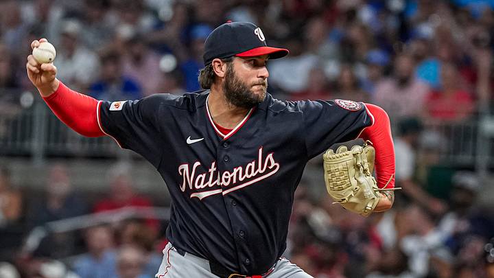 Jul 31, 2026; Cumberland, Georgia, USA; Washington Nationals pitcher Trevor Williams (32) pitches against the Atlanta Braves during the sixth inning at Truist Park. Mandatory Credit: Dale Zanine-Imagn Images