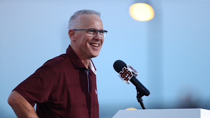 New Mississippi State Bulldogs coach Brian O'Connor talking to the cheering crowd at his formal introduction Thursday evening at Dudy Noble.