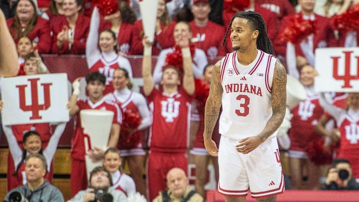 Indiana's Lamar Wilkerson (3) smiles after setting the record during the Indiana versus Penn State men's basketball game at Simon Skjodt Assembly Hall on Tuesday, Dec. 9, 2025.