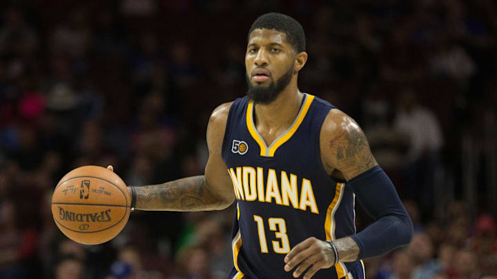 Apr 10, 2017; Philadelphia, PA, USA; Indiana Pacers forward Paul George (13) dribbles the ball against the Philadelphia 76ers during the second quarter at Wells Fargo Center. Mandatory Credit: Bill Streicher-Imagn Images Apr 10, 2017; Philadelphia, PA, USA; Indiana Pacers forward Paul George (13) dribbles the ball against the Philadelphia 76ers during the second quarter at Wells Fargo Center. Mandatory Credit: Bill Streicher-Imagn Images