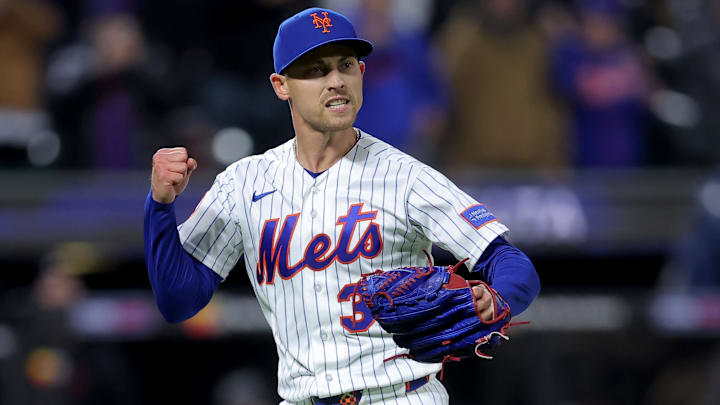 Apr 22, 2026; New York City, New York, USA; New York Mets relief pitcher Luke Weaver (30) reacts during the ninth inning against the Minnesota Twins at Citi Field. Mandatory Credit: Brad Penner-Imagn Images
