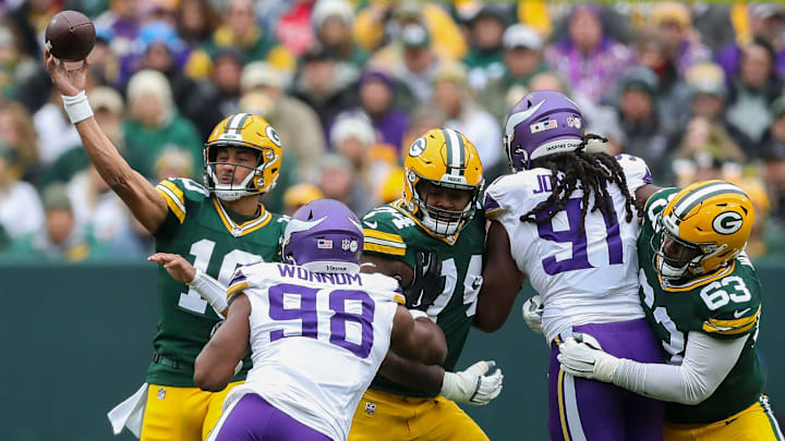 Green Bay Packers quarterback Jordan Love passes the ball against the Minnesota Vikings during theier game on Oct. 29. Green Bay Packers quarterback Jordan Love passes the ball against the Minnesota Vikings during theier game on Oct. 29.