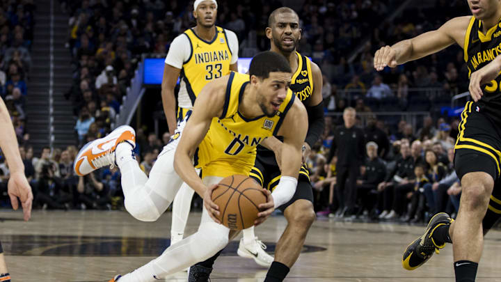 Mar 22, 2024; San Francisco, California, USA; Indiana Pacers guard Tyrese Haliburton (0) drives to