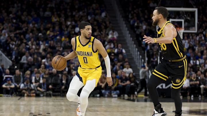 Mar 22, 2024; San Francisco, California, USA; Indiana Pacers guard Tyrese Haliburton (0) looks to