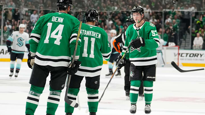 Oct 13, 2024; Dallas, Texas, USA;  Dallas Stars center Wyatt Johnston (53) reacts with teammates after scoring a goal against the Seattle Kraken during the first period at American Airlines Center. Mandatory Credit: Chris Jones-Imagn Images