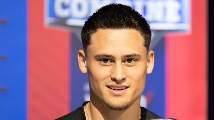 Mar 5, 2022; Indianapolis, IN, USA; San Diego State place kicker Matt Araiza (PK01) talks to the media during the 2022 NFL Scouting Combine at Lucas Oil Stadium. Mandatory Credit: Trevor Ruszkowski-USA TODAY Sports