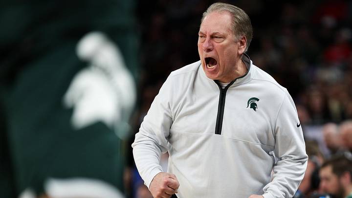 Mar 15, 2024; Minneapolis, MN, USA; Michigan State Spartans head coach Tom Izzo celebrates during the second half against the Purdue Boilermakers at Target Center. Mandatory Credit: Matt Krohn-Imagn Images
