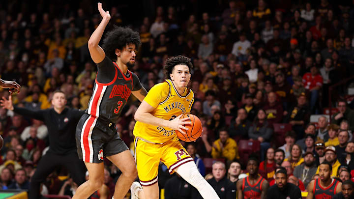 Feb 22, 2024; Minneapolis, Minnesota, USA; Minnesota Golden Gophers forward Dawson Garcia (3) works
