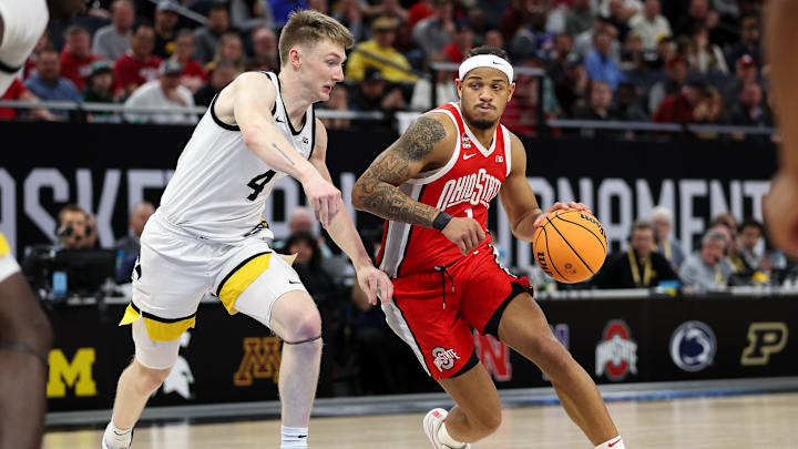 Mar 14, 2024; Minneapolis, MN, USA; Ohio State Buckeyes guard Roddy Gayle Jr. (1) dribbles around